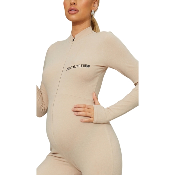 Pretty Little Thing Maternity Stone Ribbed Jumpsuit w/ Thumb Holes, NWOT, 10 - Picture 7 of 12